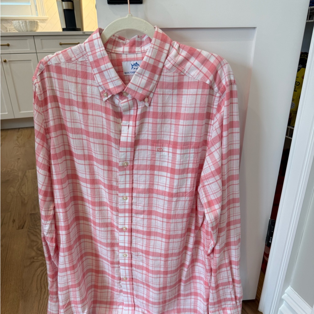 Southern Tide Coral Checkered Shirt Perfect Condition Sz L
